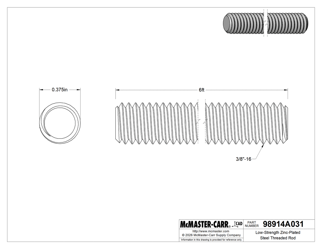 Technical Drawing of Low-Strength Zinc-Plated Steel Threaded Rod, 3/8"-16 Thread Size, 6 Feet Long.